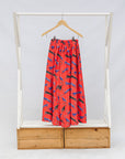 Display of red cat print culotte.