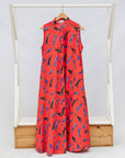 Display of red cat print dress.