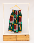 Display of multicolored geometric print skirt.