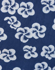 Close up display of blue and white floral print dress, fabric.