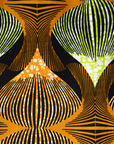 Close up display of orange and green geometric print pants, fabric.