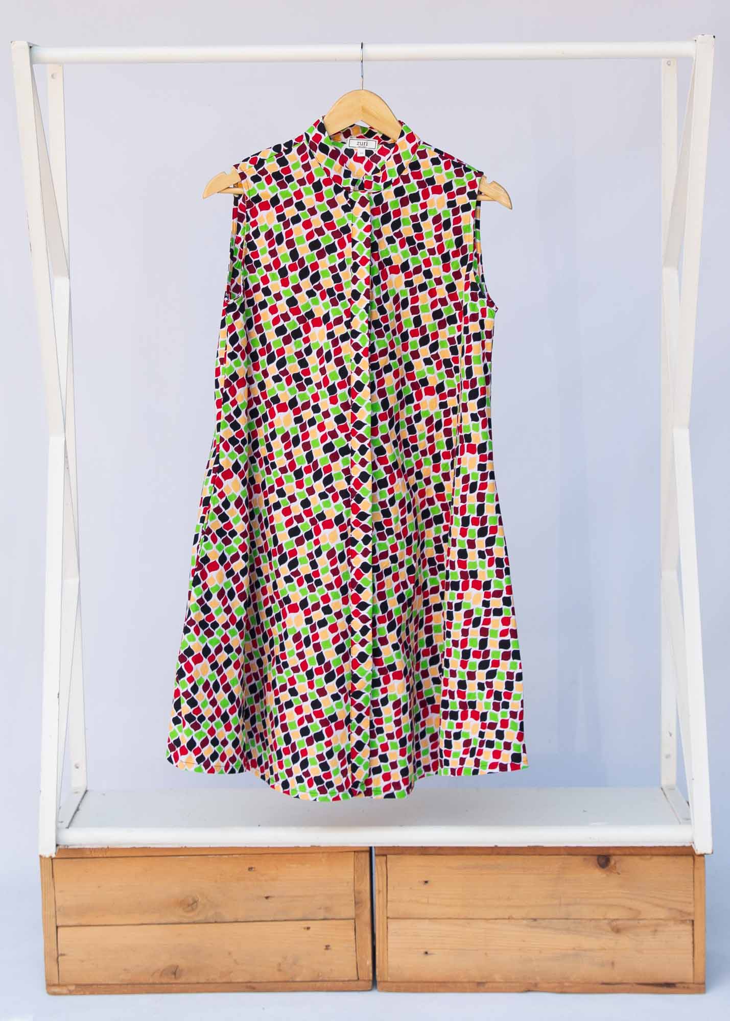 Display of multi-colored scallop tiles print dress