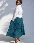 Model wearing blue pants