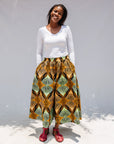 Model wearing orange and green geometric print pants.