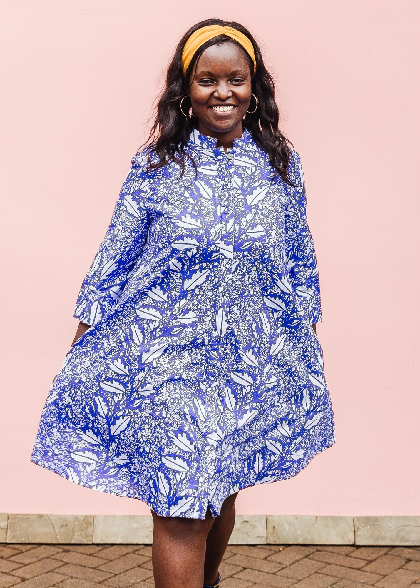 blue and white leaf print dress Ester Blue Palm Printed Short Dress | Women's Clothing