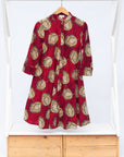 Display of red dress with brown feathers.