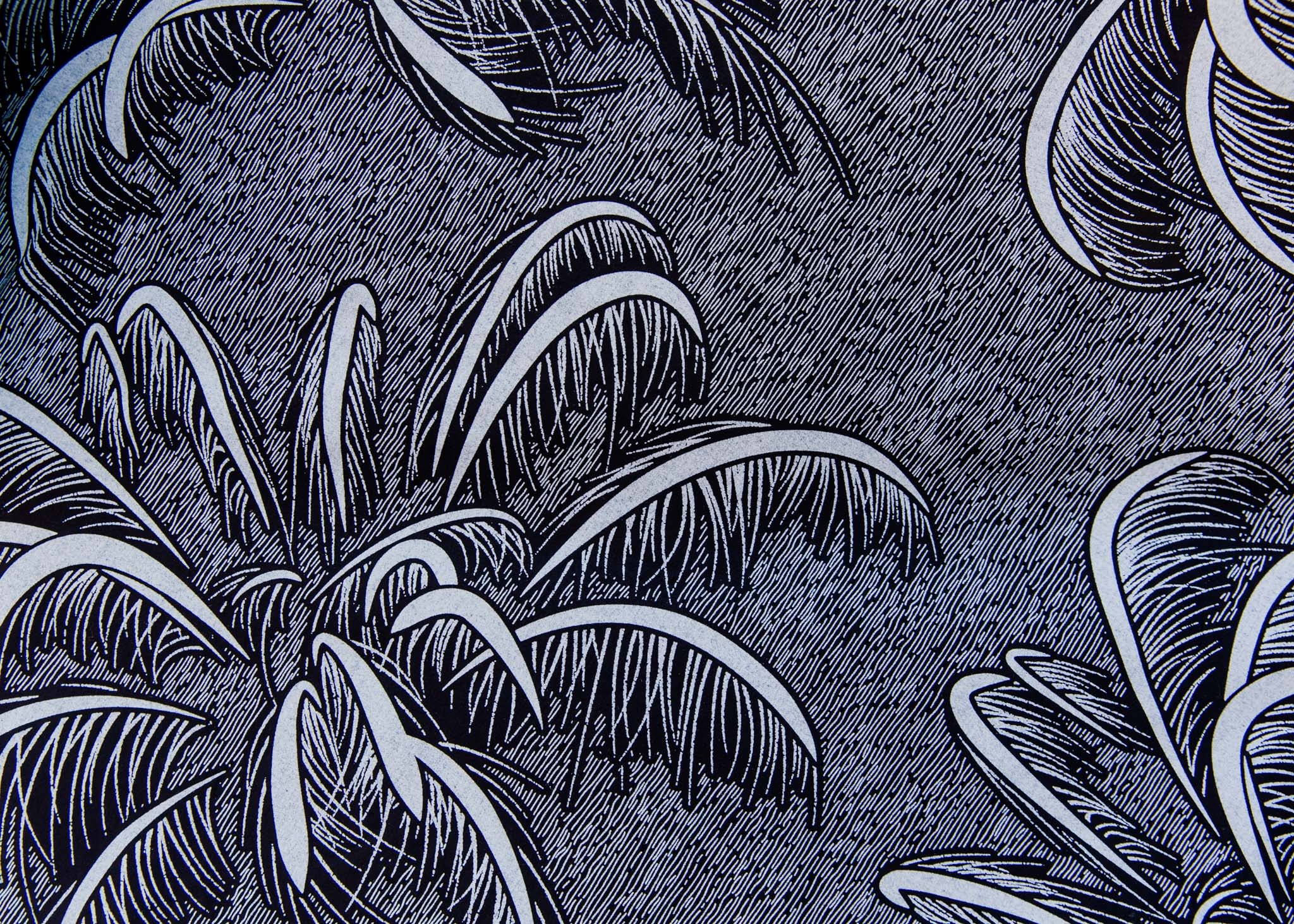 Display of a black and white palm tree design dress