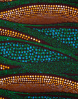 Close up display of blue, green and orange abstract line dress, fabric.