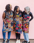 Models wearing patchwork apron.
