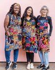Models wearing patchwork apron.