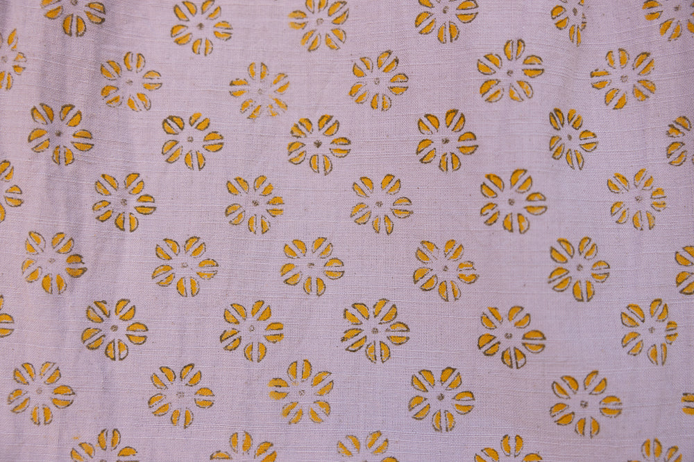 Close up display of linen top with small flower print, fabric.