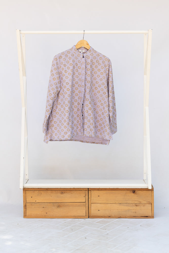 Display of linen top with small flower print.