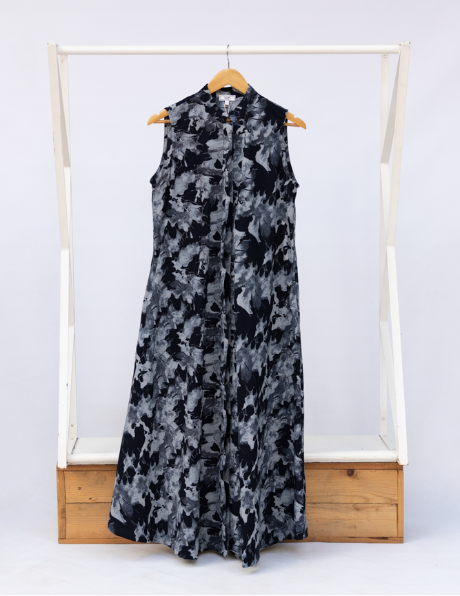 Display of navy and gray abstract print maxi dress.