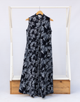 Display of navy and gray abstract print maxi dress.