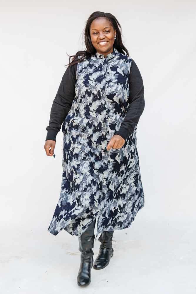 Model wearing navy and gray abstract print maxi dress.