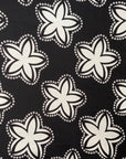 Close up display of black and white shirt with floral print, fabric.