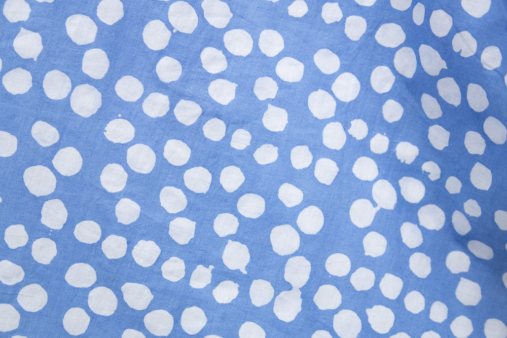 Close up display of blue dress with white polka dots, fabric.