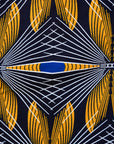 Close up display of blue, white and yellow abstract print shirt, fabric.