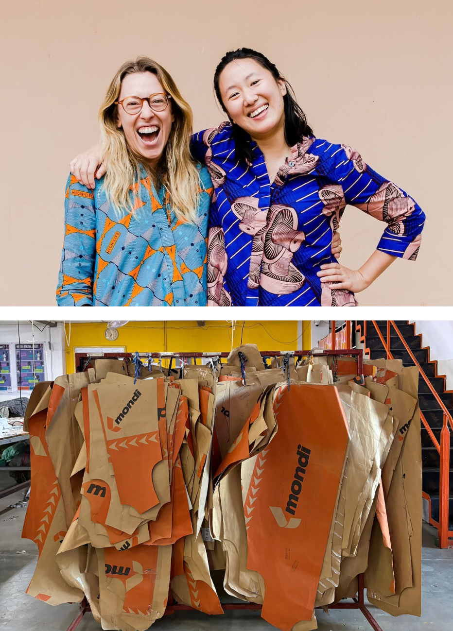 A two-panel image showing women laughing while wearing patterned blue and orange shirts, alongside a rack of folded shirts in orange and beige tones with the Mondri logo.