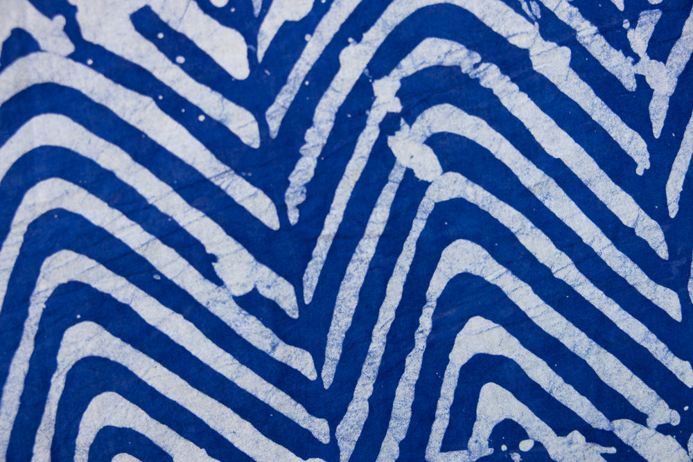 Close up display of blue and white zigzag print dress, fabric.