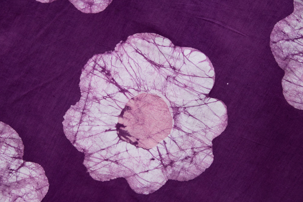 Close up display of purple and white floral print dress, fabric.