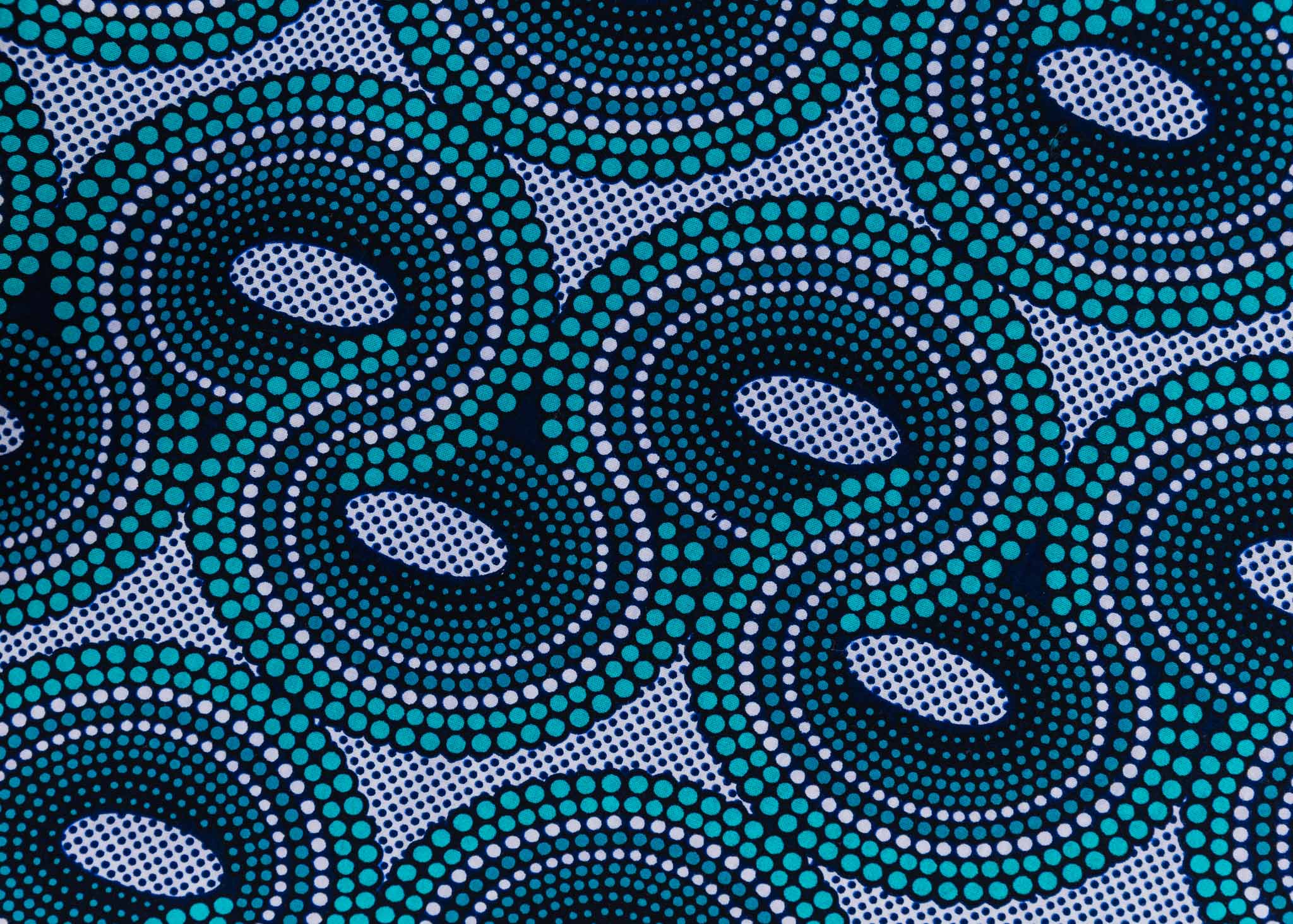 Close up display of dress with teal shaded loop print, fabric.
