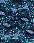 Close up display of dress with teal shaded loop print, fabric.
