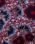 Close up display of burgundy, white and navy blue floral print dress