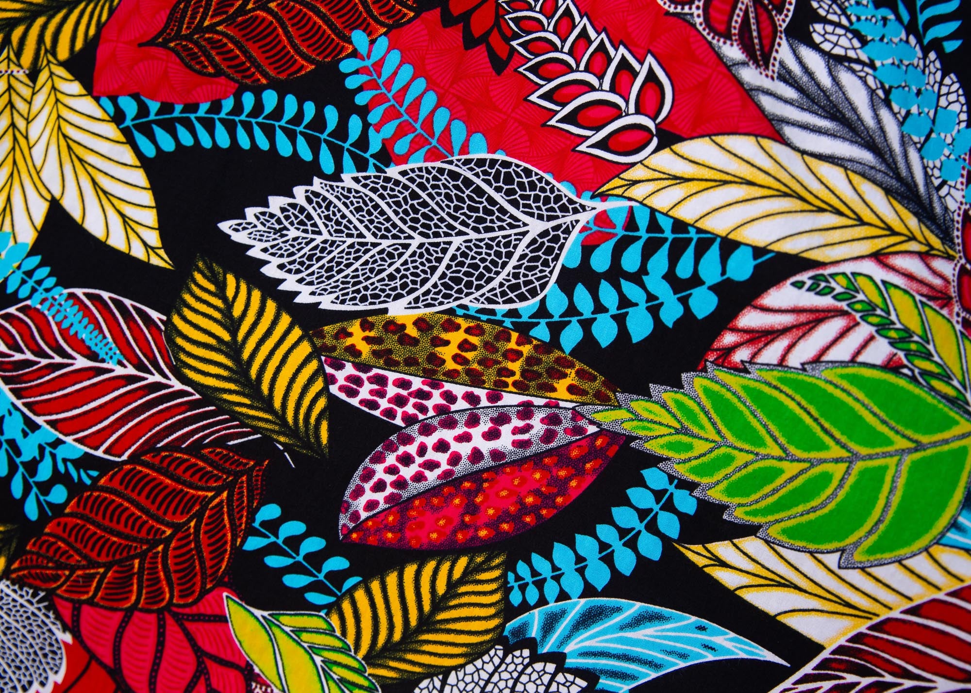 Close up display of multi-colored leaf print dress
