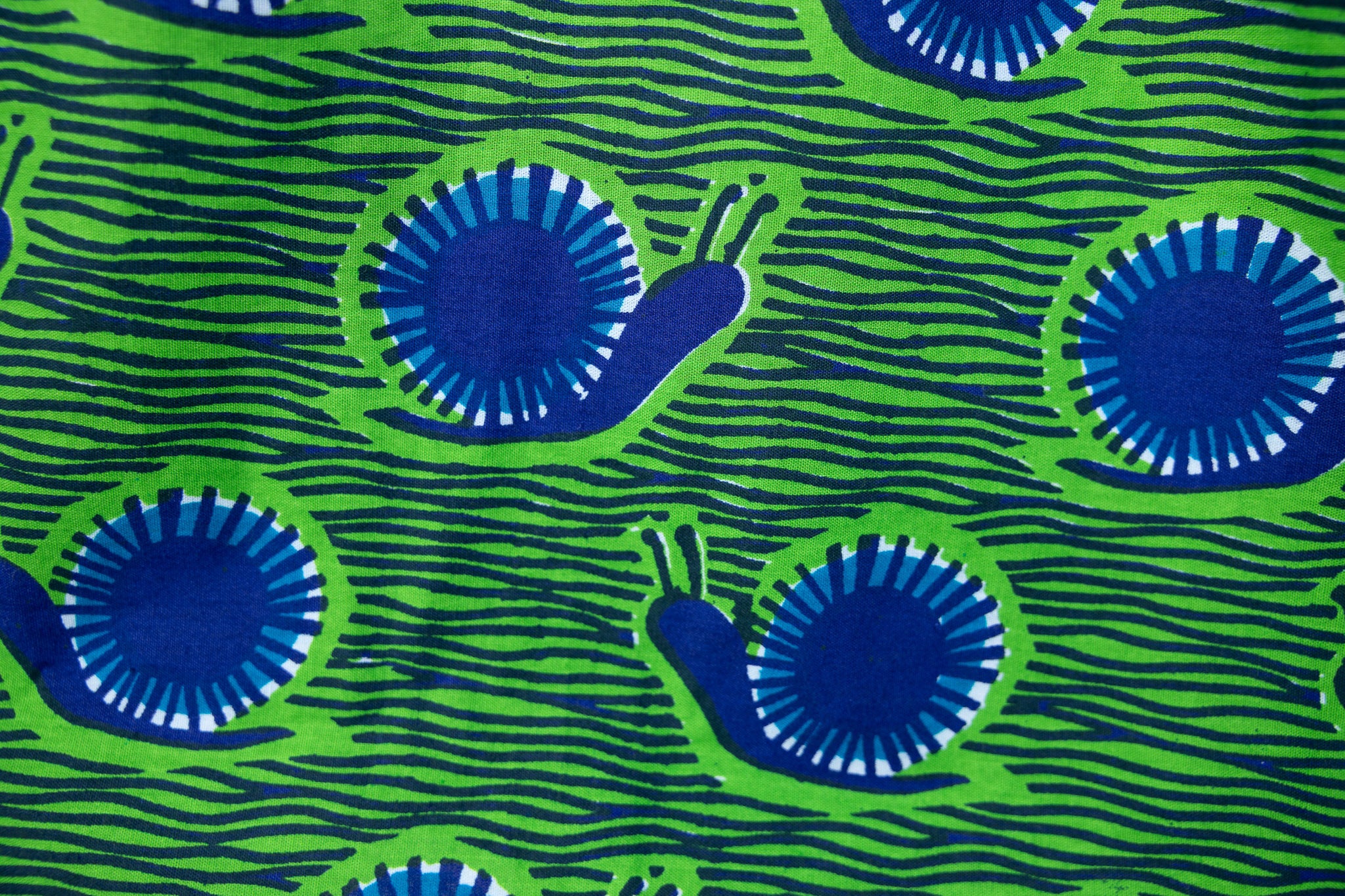 Close up display of green and blue snail print, long sleeved shirt.
