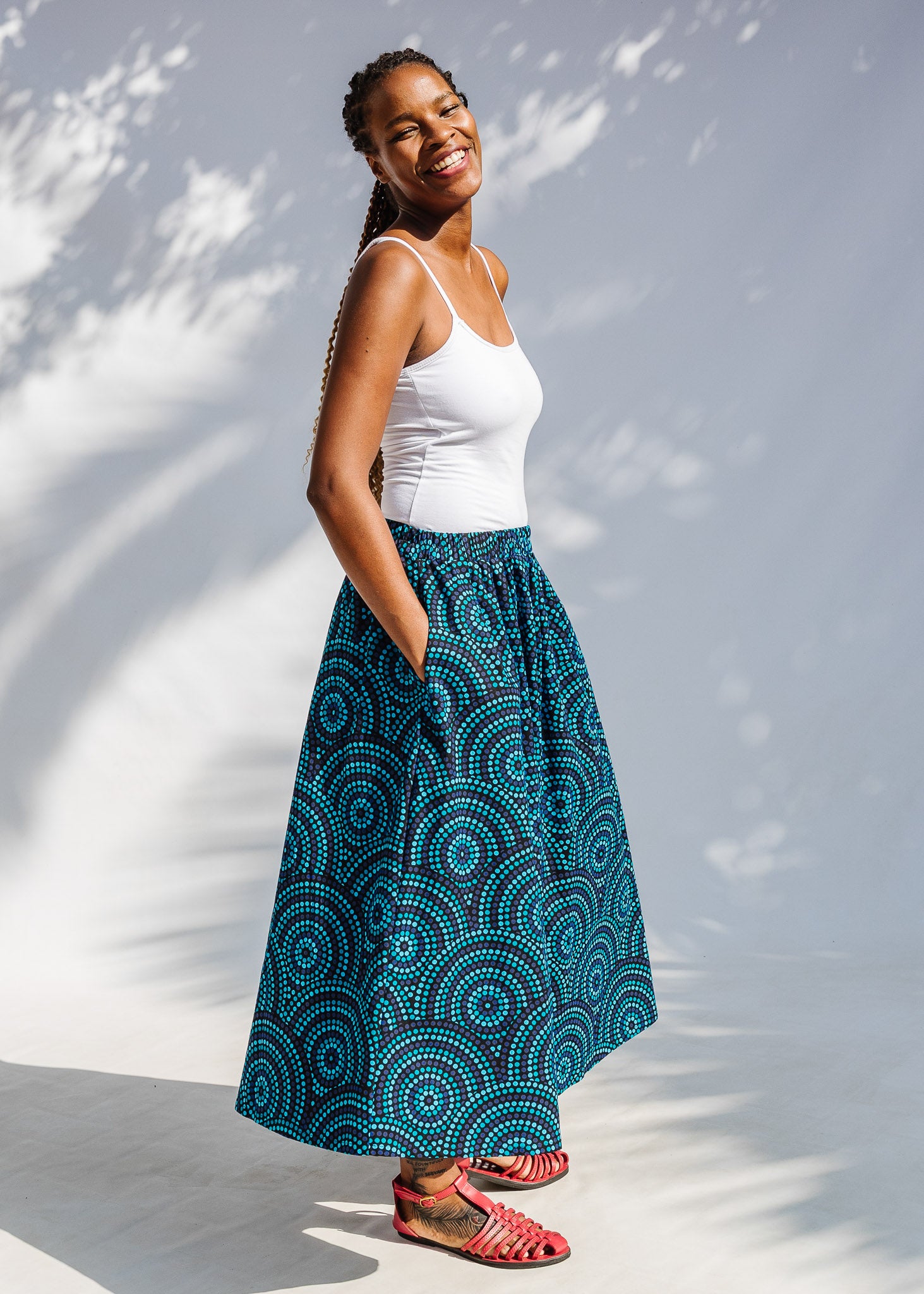 Model wearing blue pants