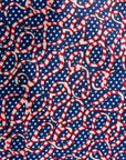 display of blue and red ribbon print dress.