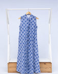 Display of blue and white mosaic print dress.