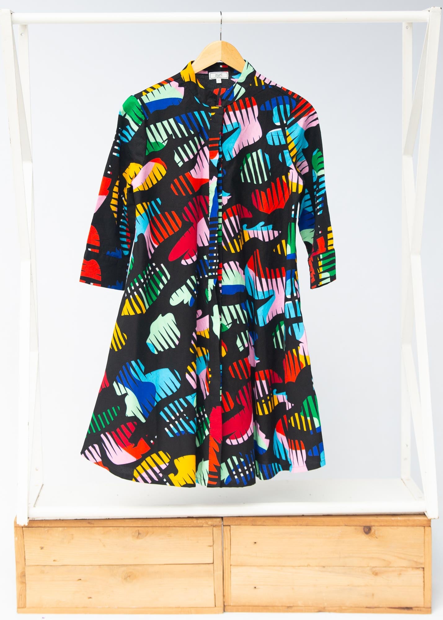Display of abstract multi-color  figures dress