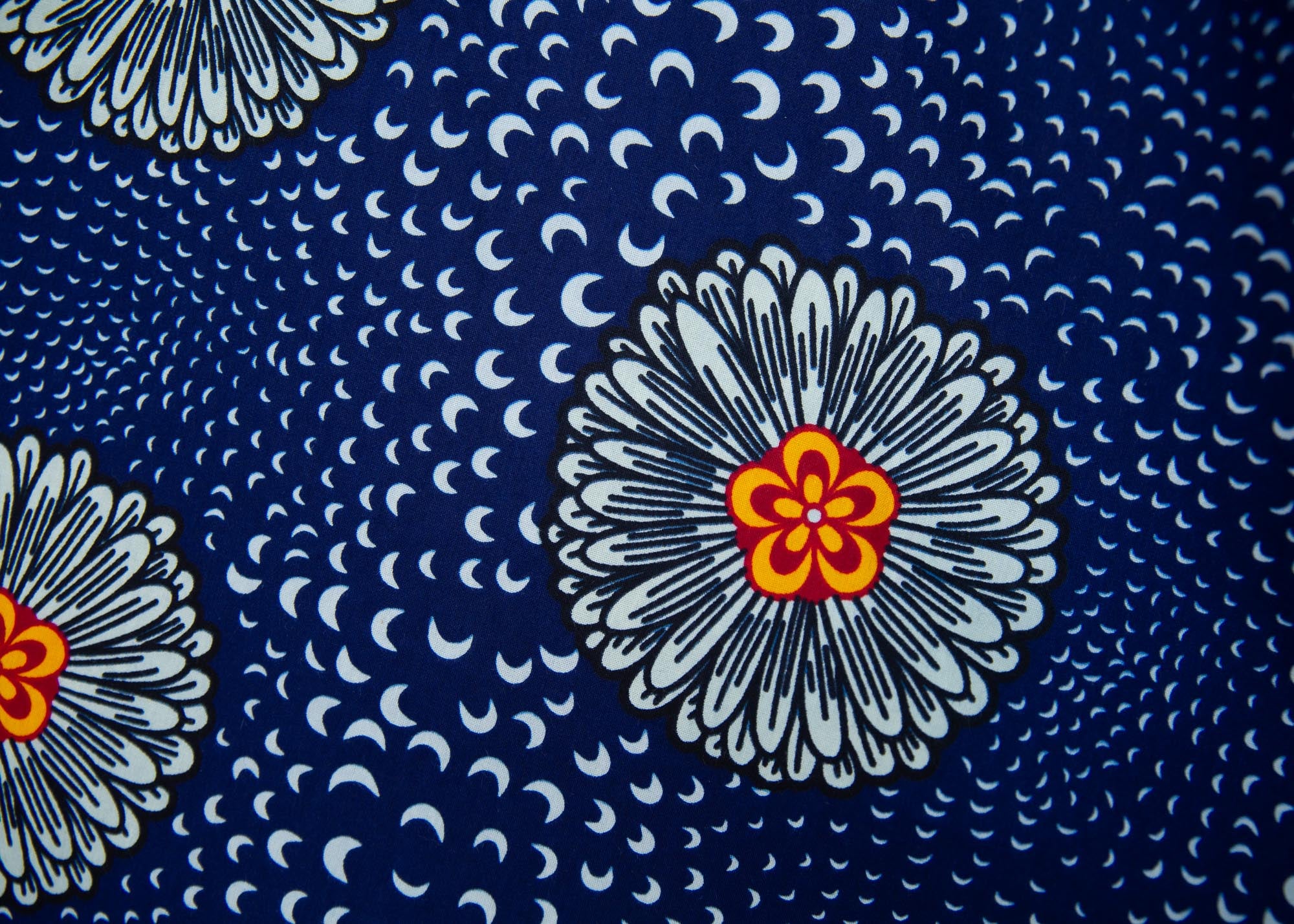 Close up display of  a navy dress with white flower print.