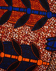 Close up display of brown, orange, blue and black leaf print dress, fabric.