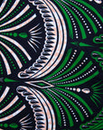 Display of green, white and black abstract print dress, fabric.