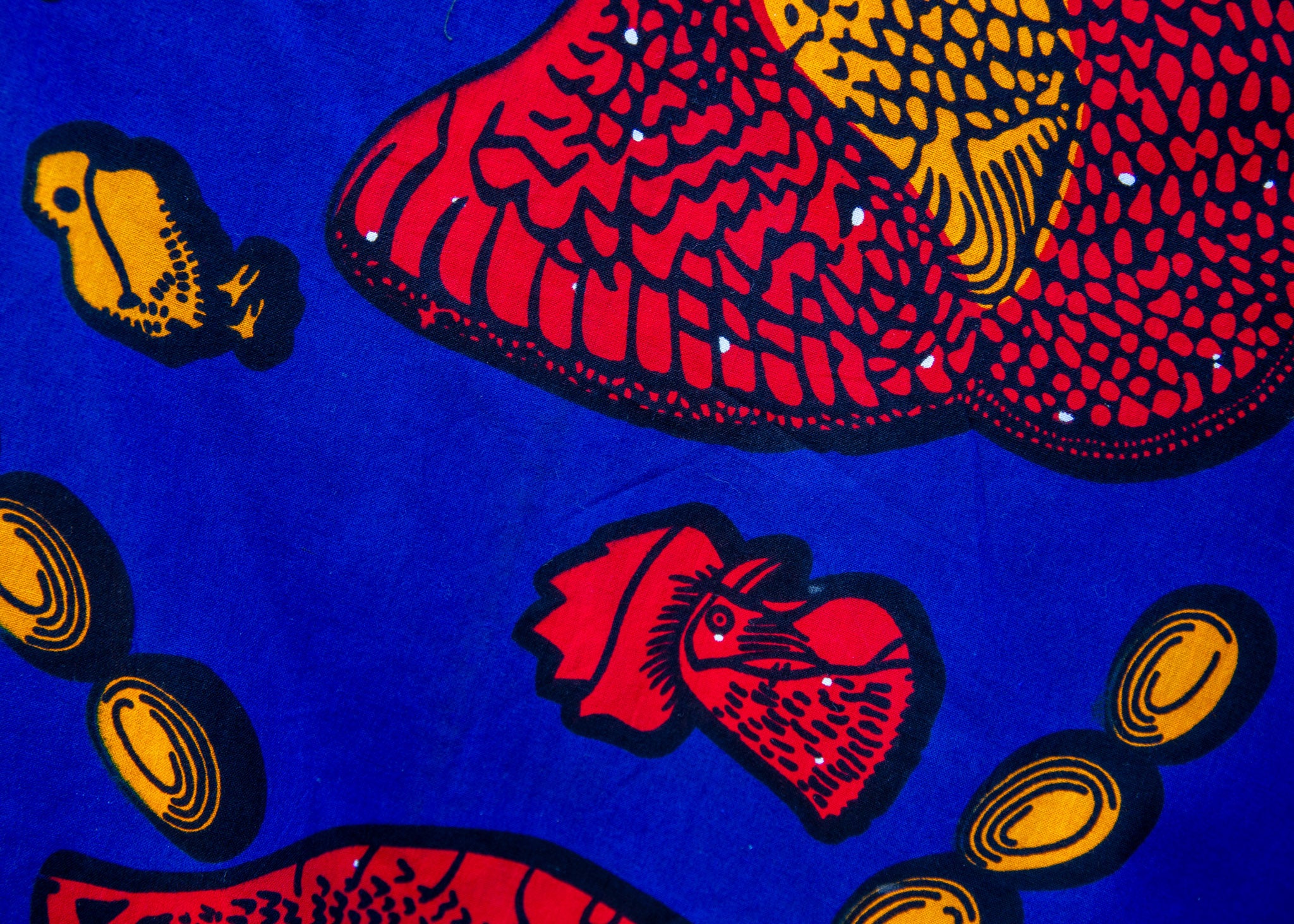 display of a rooster and chick design dress in blue, red and orange